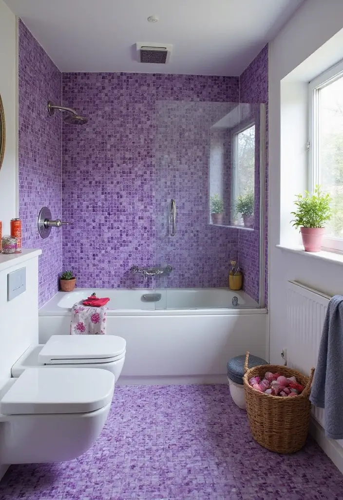 21 Purple Bathroom Inspirations That Will Make Your Space Pop (Don't Miss #9!) - 3. Purple Tiles Galore