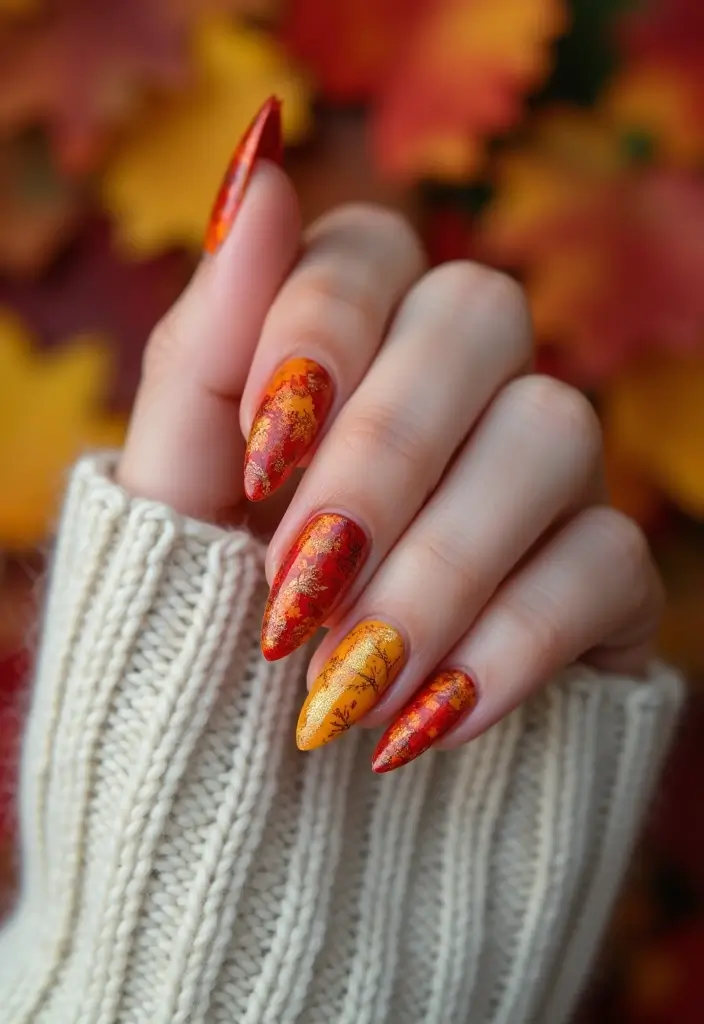 25 Fall Nail Inspiration Ideas That Will Make You Excited for Autumn! (#19 Is a Must-See!) - 6. Whimsical Leaf Designs